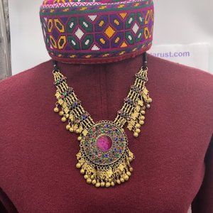 Handmade Afghan Kuchi Necklace: Gemstone Pendant with Golden Tassels